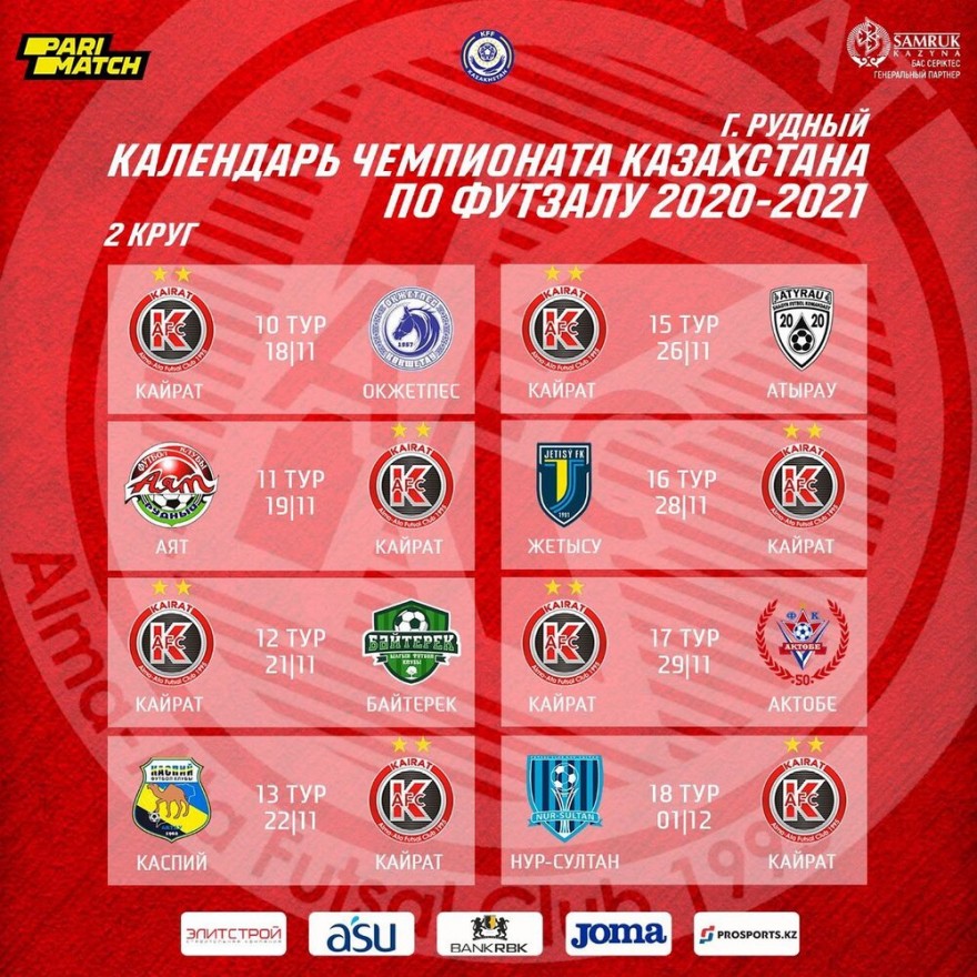 Представляем вашему вниманию календарь игр II-го круга ХХIII Чемпионата Казахстана среди команд Премьер-лиги по футзалу сезона 2020-21гг.